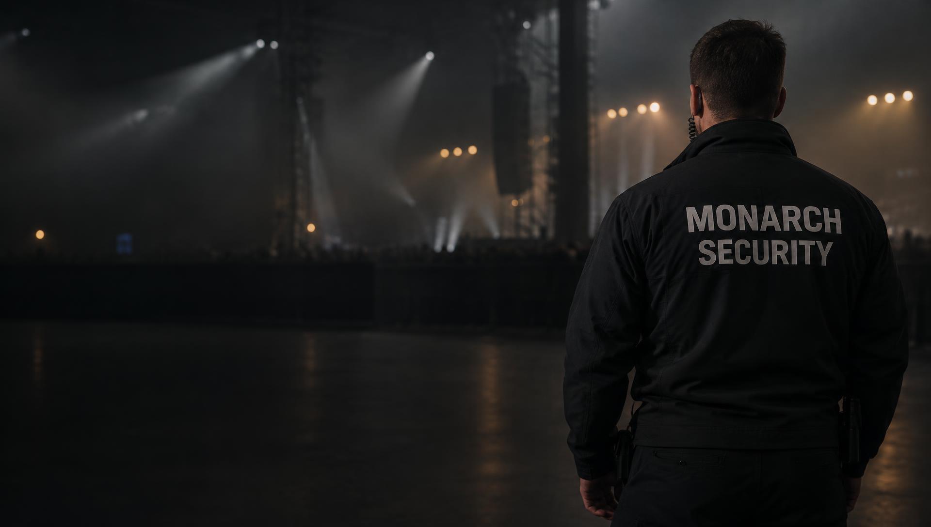Security officer in a MONARCH SECURITY jacket, back to camera, watching over an event